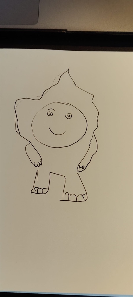 A child's pen drawing of a spiky-headed character with a round face — the very first Megotchi