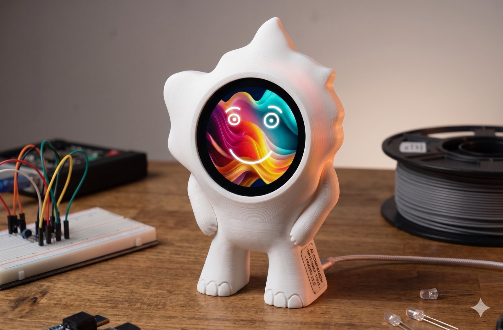 The first working Megotchi prototype: the same spiky character 3D printed in white PLA, round screen showing a smiling face, on a workbench next to a breadboard and filament spool